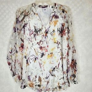 Cabi Goddess Blouse Ivory V-neck multi color long sleeve cuff abstract artsy S